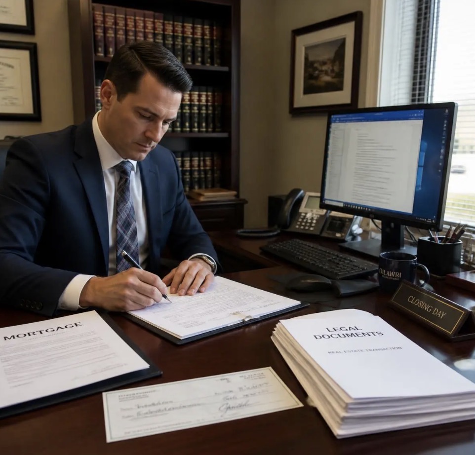 Lawyer signing real estate closing documents at a desk