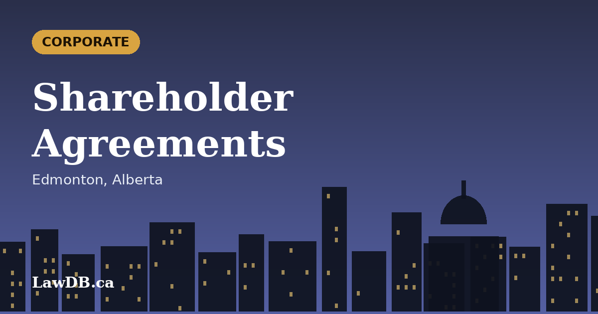 Shareholder Agreements: illustrated cover for a LawDB guide about Edmonton, Alberta