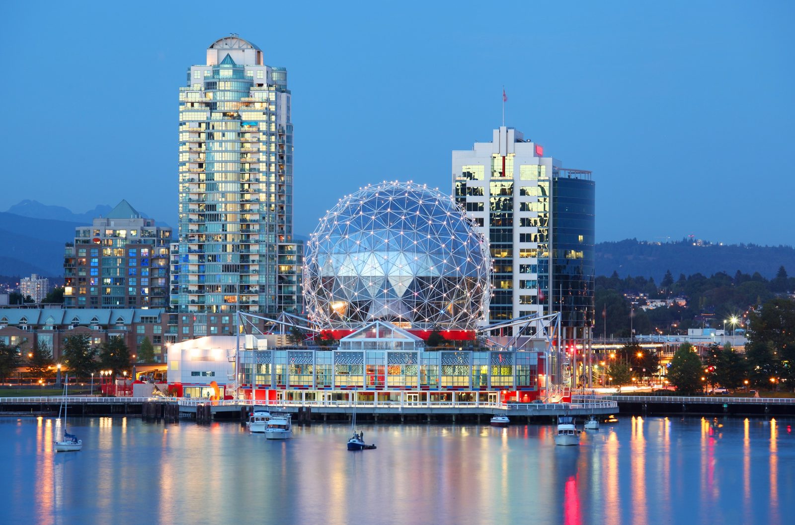 Science World and the Vancouver waterfront at dusk