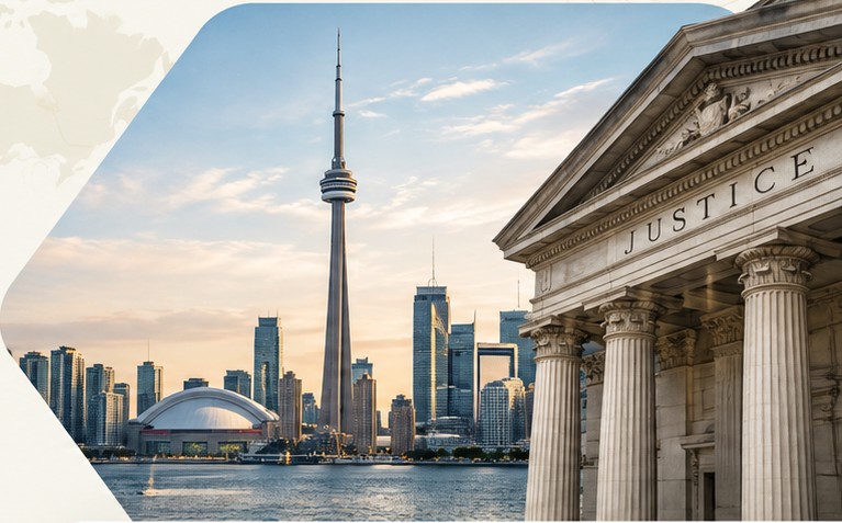 Toronto skyline and the CN Tower beside a courthouse
